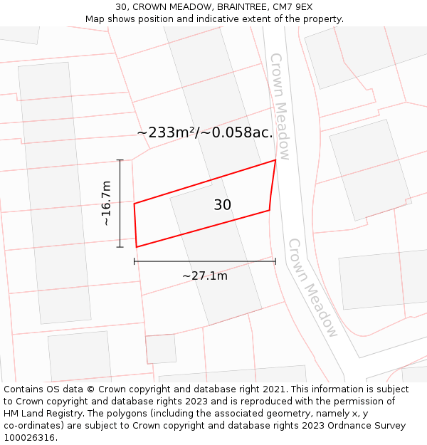 30, CROWN MEADOW, BRAINTREE, CM7 9EX: Plot and title map