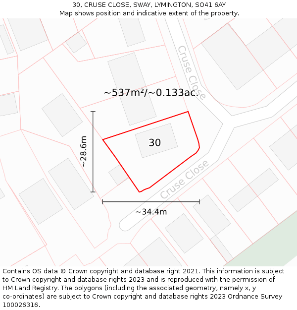 30, CRUSE CLOSE, SWAY, LYMINGTON, SO41 6AY: Plot and title map