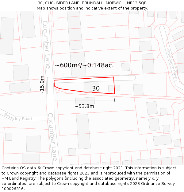30, CUCUMBER LANE, BRUNDALL, NORWICH, NR13 5QR: Plot and title map
