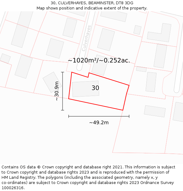 30, CULVERHAYES, BEAMINSTER, DT8 3DG: Plot and title map