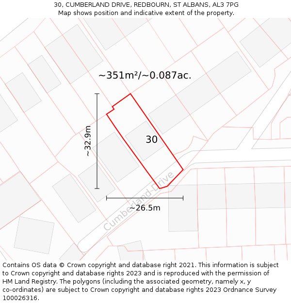 30, CUMBERLAND DRIVE, REDBOURN, ST ALBANS, AL3 7PG: Plot and title map