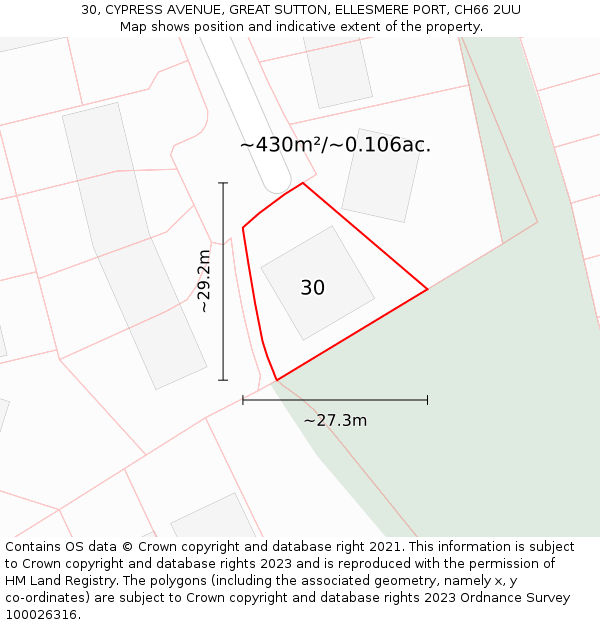 30, CYPRESS AVENUE, GREAT SUTTON, ELLESMERE PORT, CH66 2UU: Plot and title map