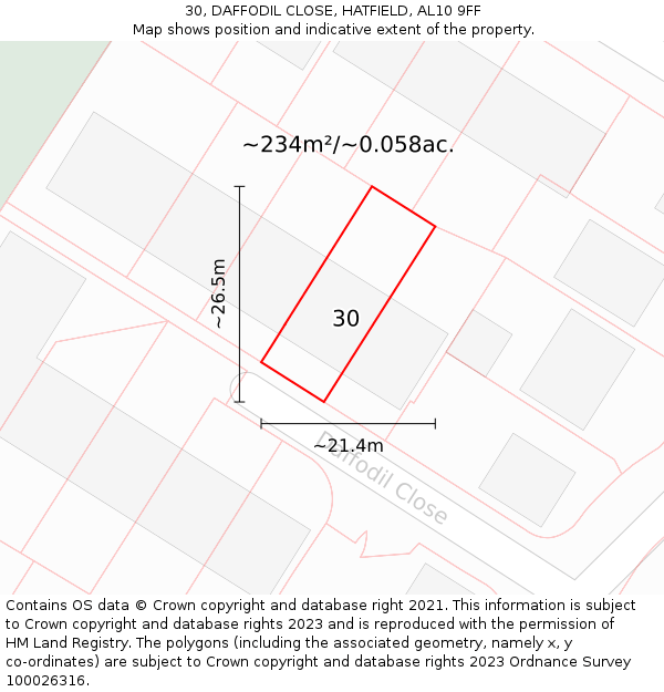 30, DAFFODIL CLOSE, HATFIELD, AL10 9FF: Plot and title map