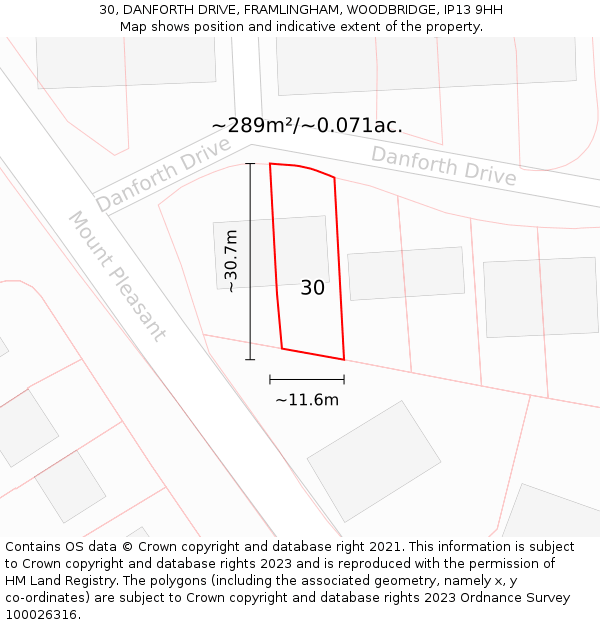 30, DANFORTH DRIVE, FRAMLINGHAM, WOODBRIDGE, IP13 9HH: Plot and title map