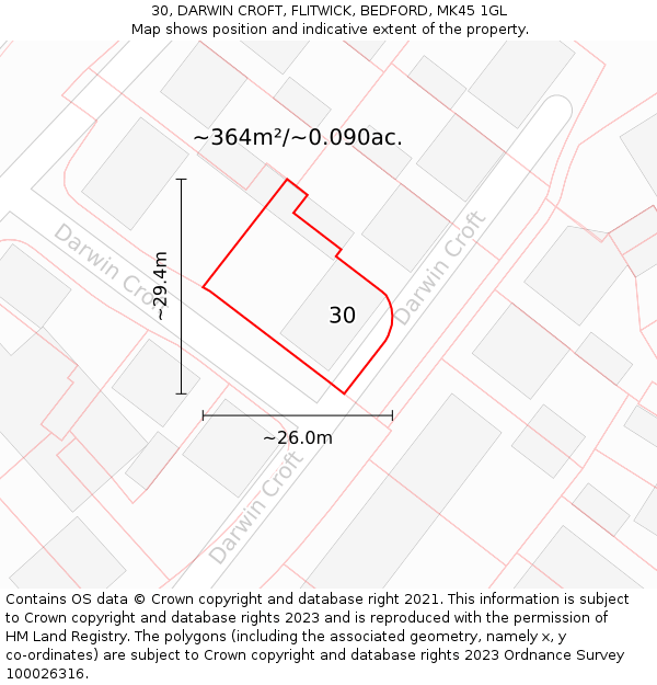 30, DARWIN CROFT, FLITWICK, BEDFORD, MK45 1GL: Plot and title map
