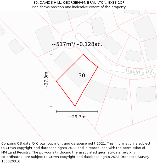 30, DAVIDS HILL, GEORGEHAM, BRAUNTON, EX33 1QF: Plot and title map
