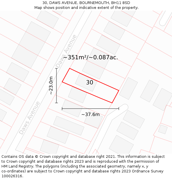 30, DAWS AVENUE, BOURNEMOUTH, BH11 8SD: Plot and title map