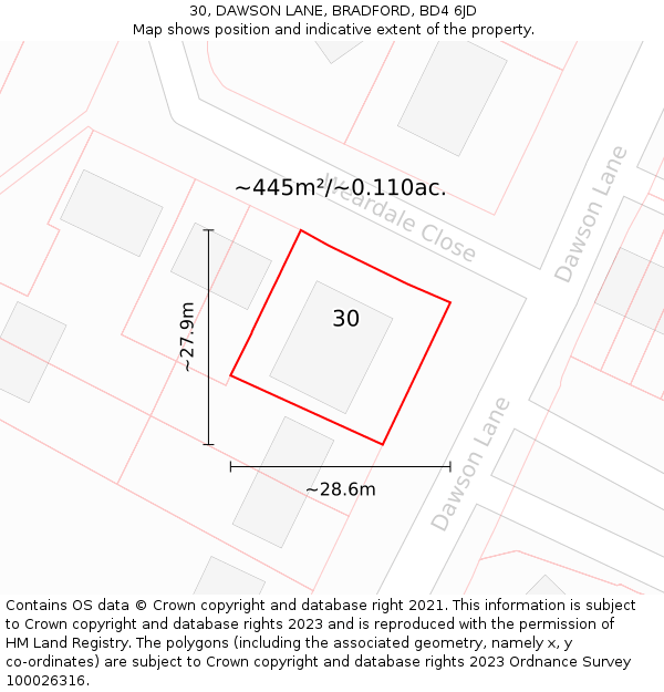 30, DAWSON LANE, BRADFORD, BD4 6JD: Plot and title map