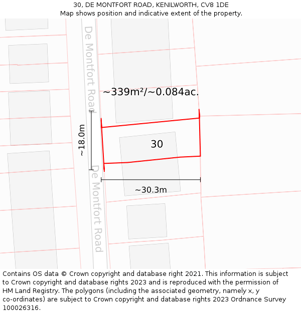 30, DE MONTFORT ROAD, KENILWORTH, CV8 1DE: Plot and title map