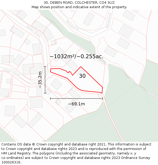 30, DEBEN ROAD, COLCHESTER, CO4 3UZ: Plot and title map