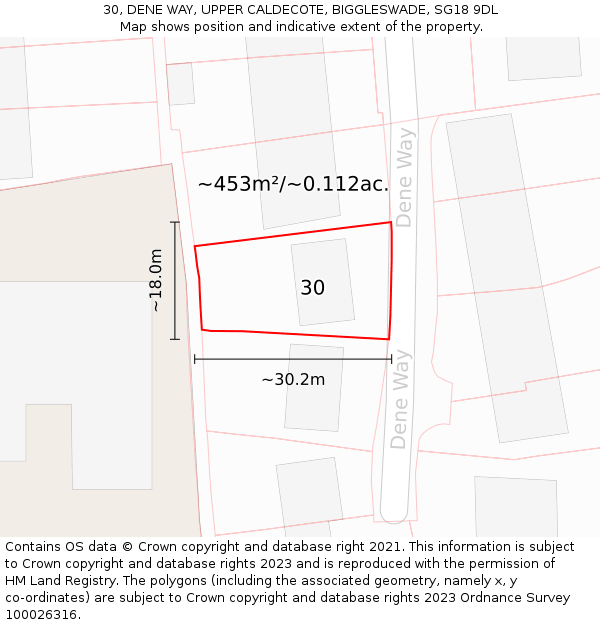 30, DENE WAY, UPPER CALDECOTE, BIGGLESWADE, SG18 9DL: Plot and title map