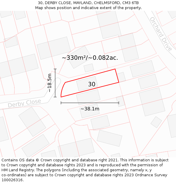 30, DERBY CLOSE, MAYLAND, CHELMSFORD, CM3 6TB: Plot and title map