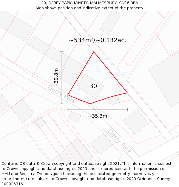 30, DERRY PARK, MINETY, MALMESBURY, SN16 9RA: Plot and title map