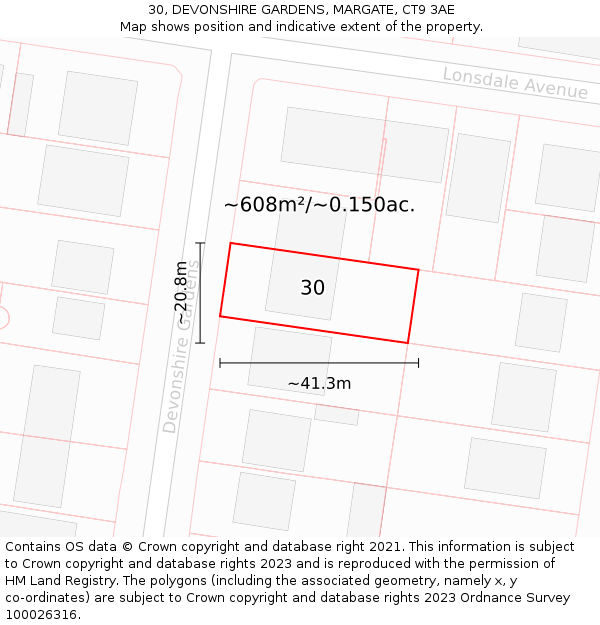 30, DEVONSHIRE GARDENS, MARGATE, CT9 3AE: Plot and title map