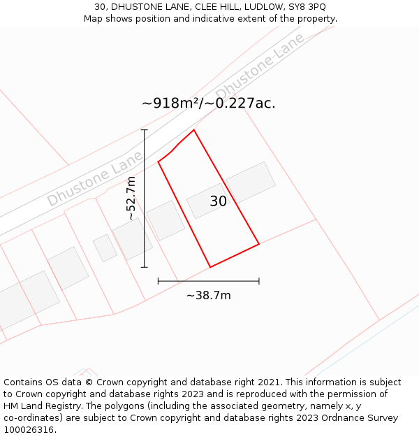 30, DHUSTONE LANE, CLEE HILL, LUDLOW, SY8 3PQ: Plot and title map