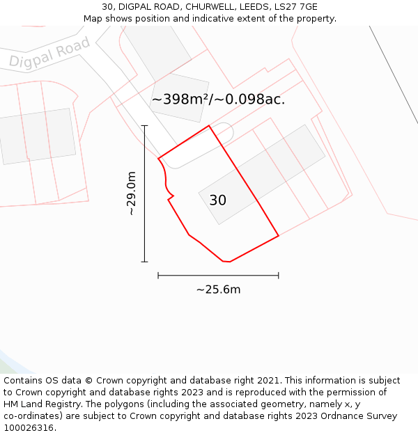 30, DIGPAL ROAD, CHURWELL, LEEDS, LS27 7GE: Plot and title map