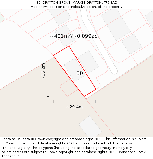 30, DRAYTON GROVE, MARKET DRAYTON, TF9 3AD: Plot and title map