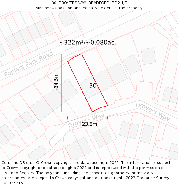 30, DROVERS WAY, BRADFORD, BD2 1JZ: Plot and title map