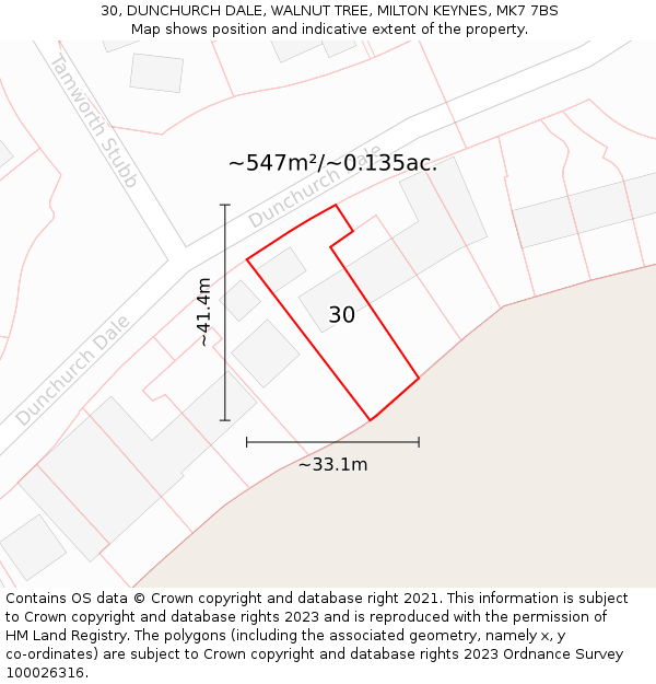 30, DUNCHURCH DALE, WALNUT TREE, MILTON KEYNES, MK7 7BS: Plot and title map