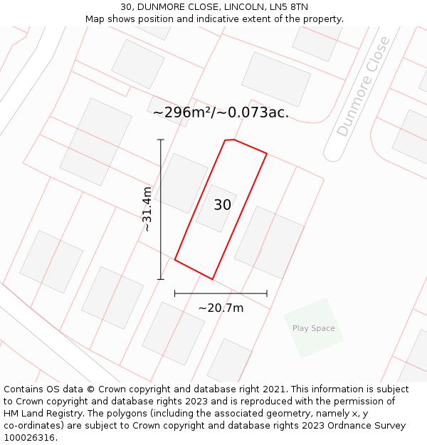 30, DUNMORE CLOSE, LINCOLN, LN5 8TN: Plot and title map
