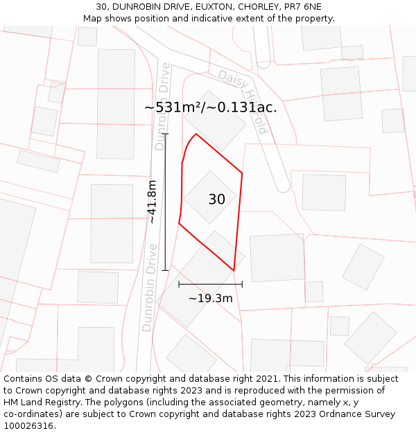 30, DUNROBIN DRIVE, EUXTON, CHORLEY, PR7 6NE: Plot and title map