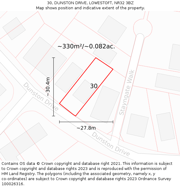 30, DUNSTON DRIVE, LOWESTOFT, NR32 3BZ: Plot and title map
