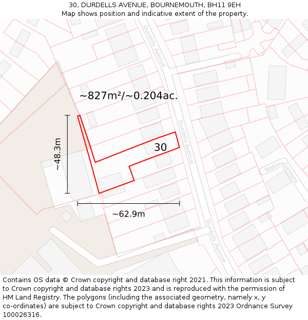 30, DURDELLS AVENUE, BOURNEMOUTH, BH11 9EH: Plot and title map