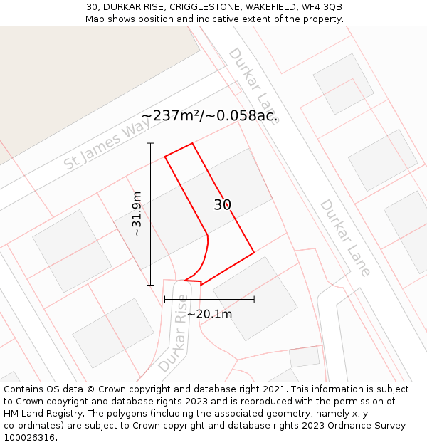 30, DURKAR RISE, CRIGGLESTONE, WAKEFIELD, WF4 3QB: Plot and title map