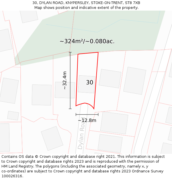 30, DYLAN ROAD, KNYPERSLEY, STOKE-ON-TRENT, ST8 7XB: Plot and title map