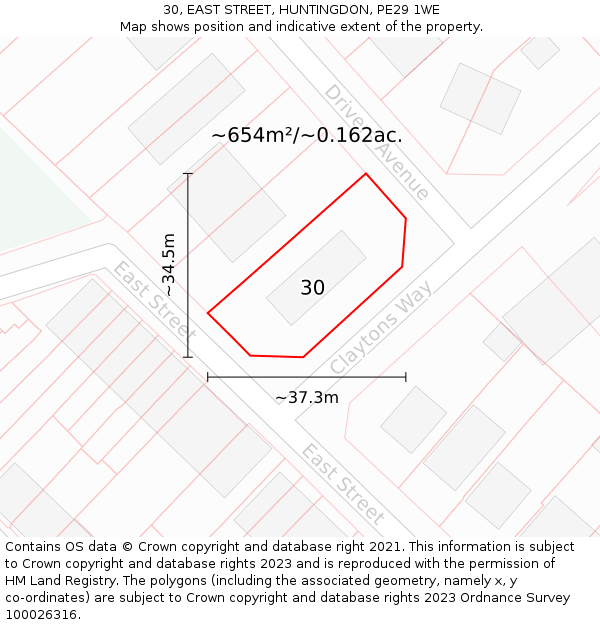 30, EAST STREET, HUNTINGDON, PE29 1WE: Plot and title map