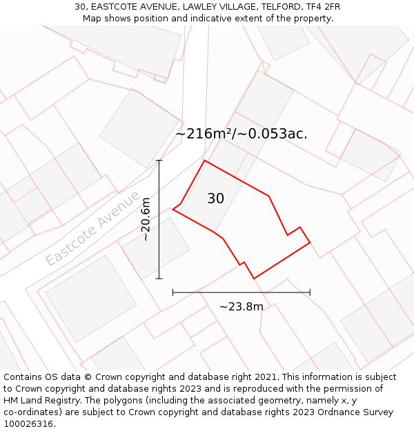 30, EASTCOTE AVENUE, LAWLEY VILLAGE, TELFORD, TF4 2FR: Plot and title map