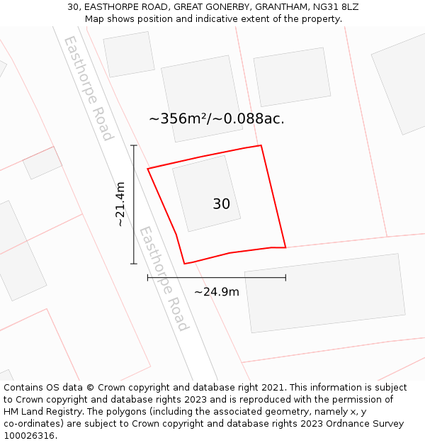 30, EASTHORPE ROAD, GREAT GONERBY, GRANTHAM, NG31 8LZ: Plot and title map