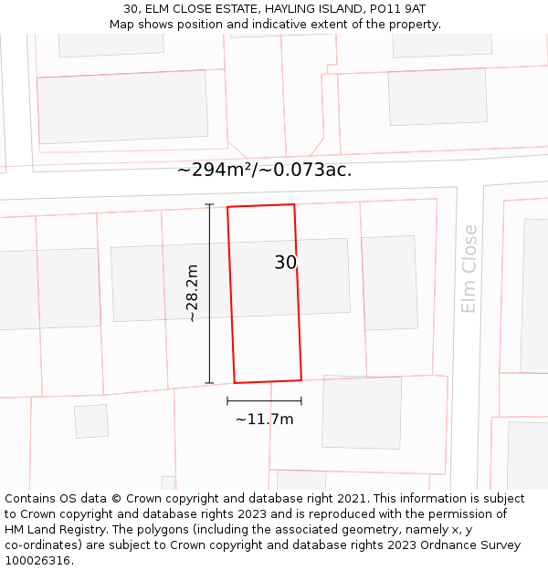 30, ELM CLOSE ESTATE, HAYLING ISLAND, PO11 9AT: Plot and title map