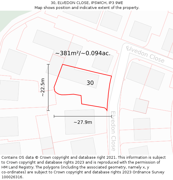 30, ELVEDON CLOSE, IPSWICH, IP3 9WE: Plot and title map