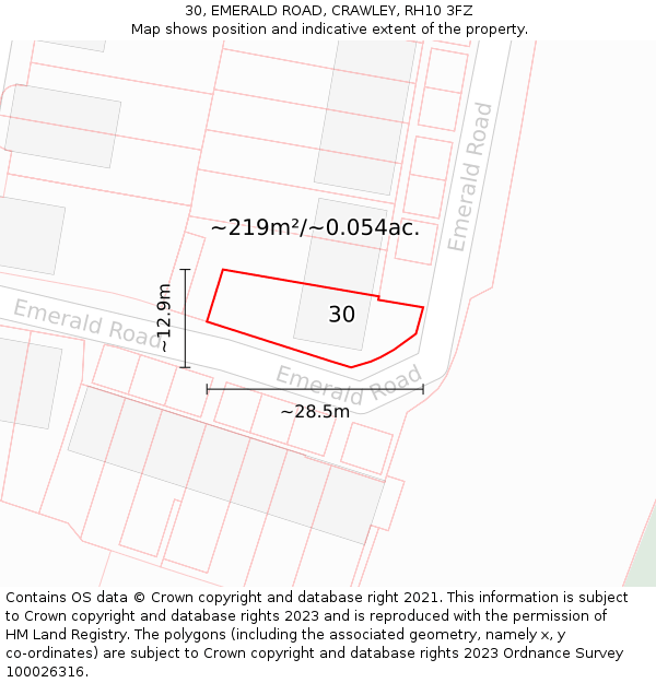 30, EMERALD ROAD, CRAWLEY, RH10 3FZ: Plot and title map