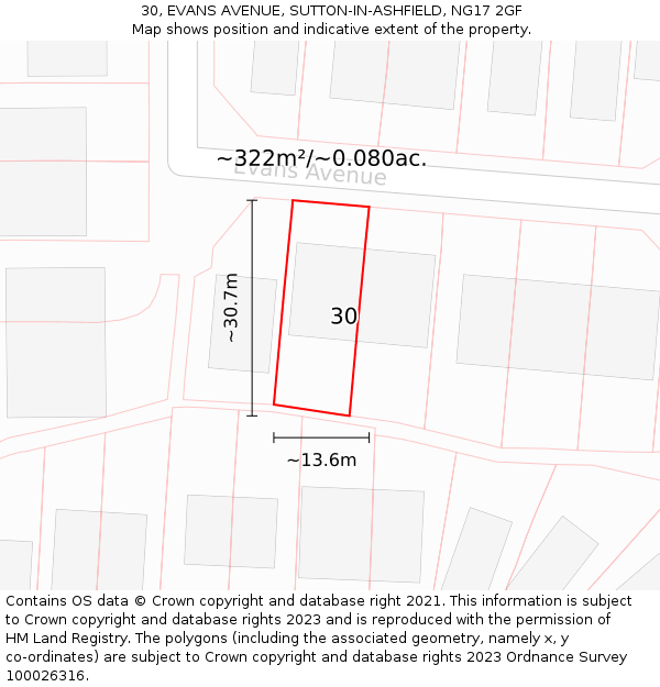 30, EVANS AVENUE, SUTTON-IN-ASHFIELD, NG17 2GF: Plot and title map