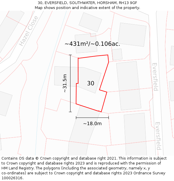 30, EVERSFIELD, SOUTHWATER, HORSHAM, RH13 9GF: Plot and title map