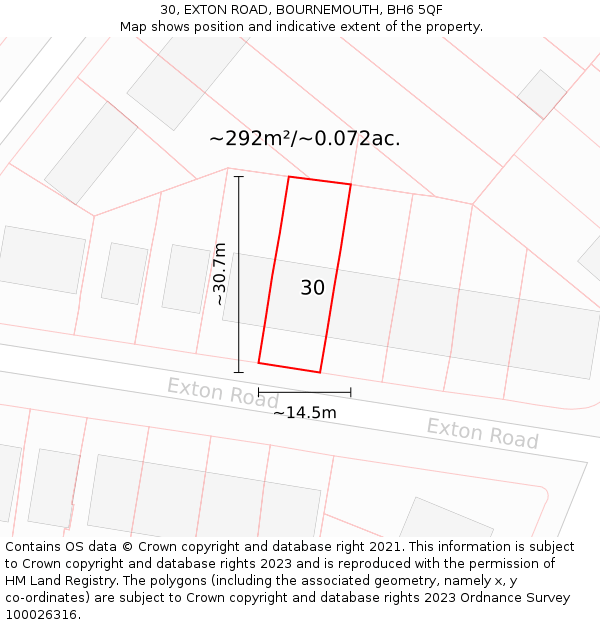 30, EXTON ROAD, BOURNEMOUTH, BH6 5QF: Plot and title map