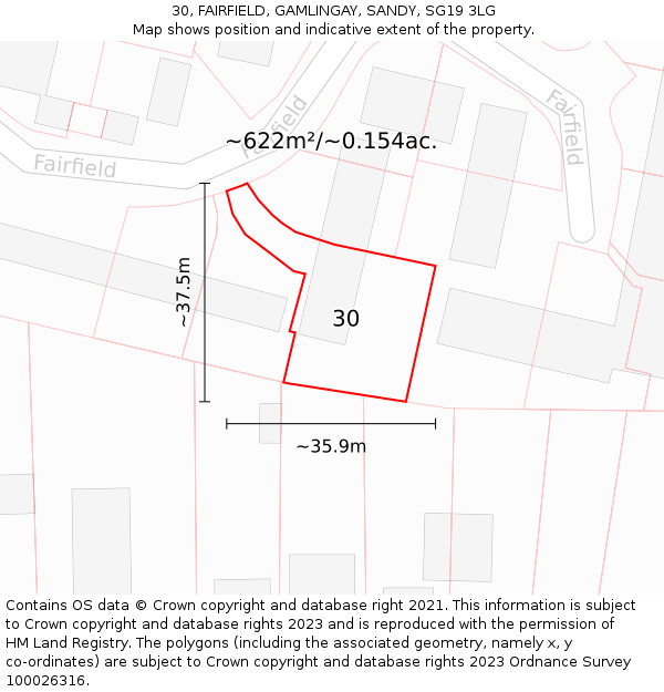 30, FAIRFIELD, GAMLINGAY, SANDY, SG19 3LG: Plot and title map