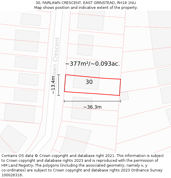 30, FAIRLAWN CRESCENT, EAST GRINSTEAD, RH19 1NU: Plot and title map