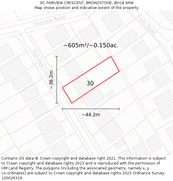 30, FAIRVIEW CRESCENT, BROADSTONE, BH18 9AW: Plot and title map