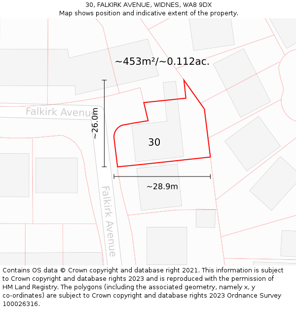 30, FALKIRK AVENUE, WIDNES, WA8 9DX: Plot and title map