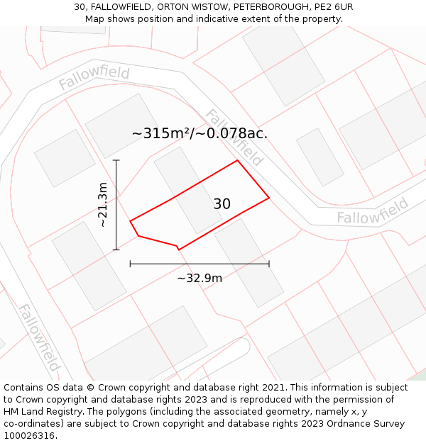 30, FALLOWFIELD, ORTON WISTOW, PETERBOROUGH, PE2 6UR: Plot and title map