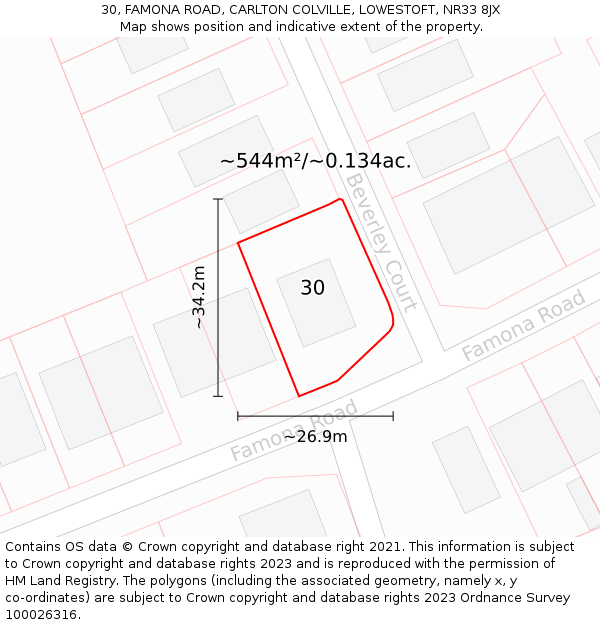 30, FAMONA ROAD, CARLTON COLVILLE, LOWESTOFT, NR33 8JX: Plot and title map