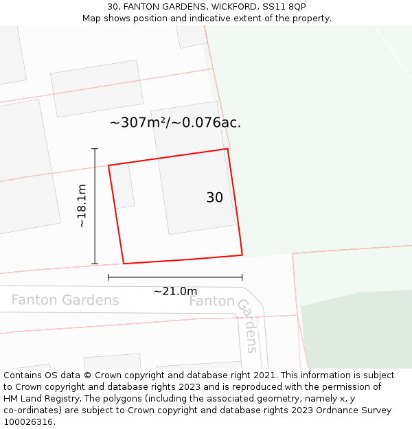 30, FANTON GARDENS, WICKFORD, SS11 8QP: Plot and title map