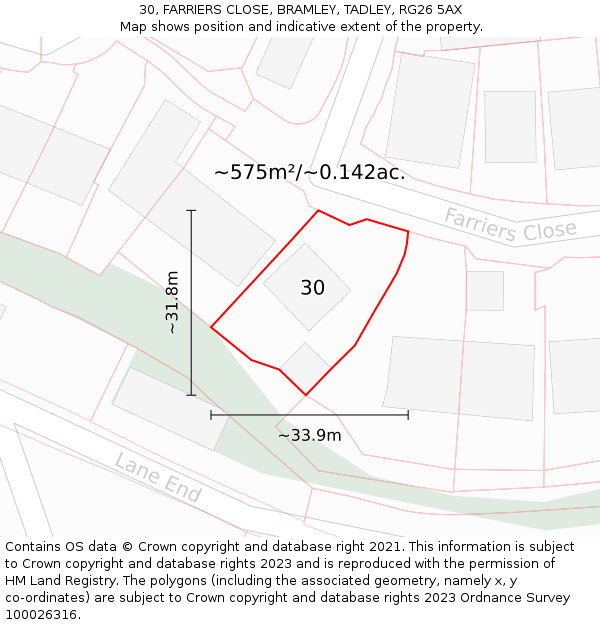 30, FARRIERS CLOSE, BRAMLEY, TADLEY, RG26 5AX: Plot and title map