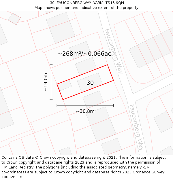 30, FAUCONBERG WAY, YARM, TS15 9QN: Plot and title map