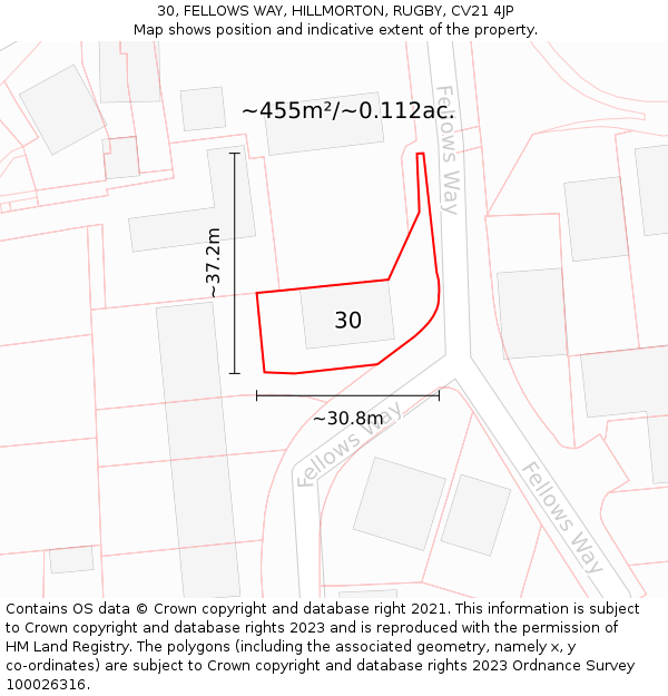 30, FELLOWS WAY, HILLMORTON, RUGBY, CV21 4JP: Plot and title map