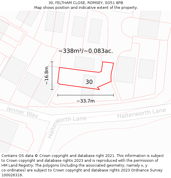 30, FELTHAM CLOSE, ROMSEY, SO51 8PB: Plot and title map