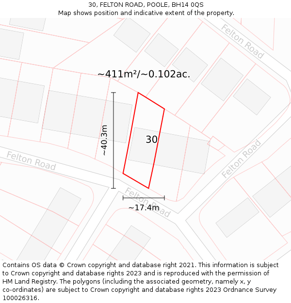 30, FELTON ROAD, POOLE, BH14 0QS: Plot and title map
